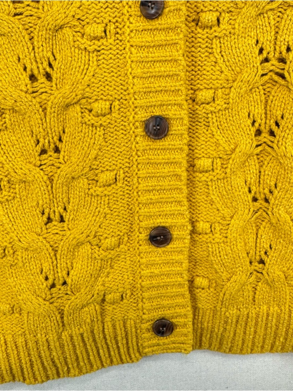 Anthropologie Mustard Yellow Cable Knit Puff Sleeve Cardigan Sweater Sz M - Picture 7 of 15
